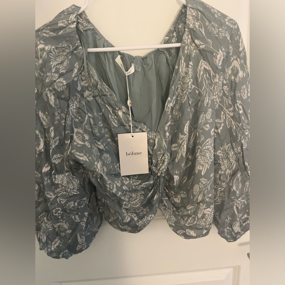 Bohme Sage Green Floral Twist Front Crop Top